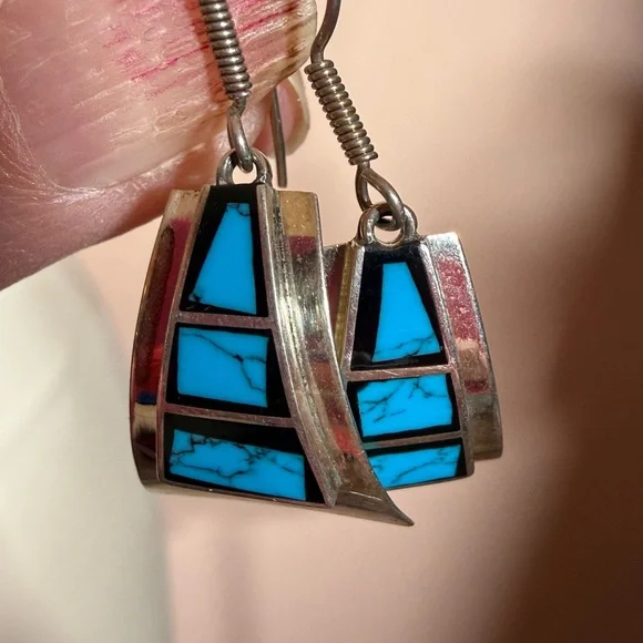 Taxco Vintage sterling silver turquoise southwestern oversized earrings - Picture 7 of 17